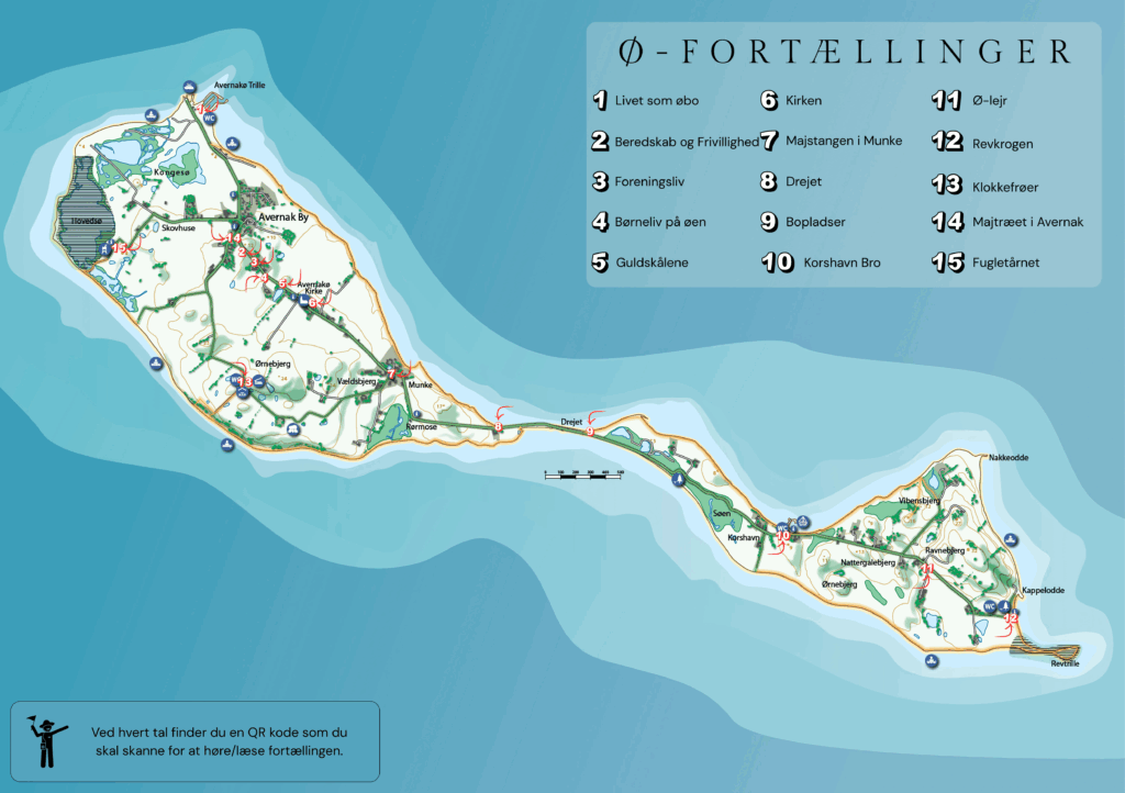 Kort over Avernakø med 15 Ø-fortællinger og vandreruter markeret – oplev øens historie og natur på tæt hold med QR-koder ved hvert stop, fra Klokkefrøen og Drejet til Fugletårnet og Majtræet i Avernak – Avernakø Landhotel er udgangspunktet for at udforske alle 15 fortællepunkter på den lille ø i UNESCO Global Geopark Det Sydfynske Øhav